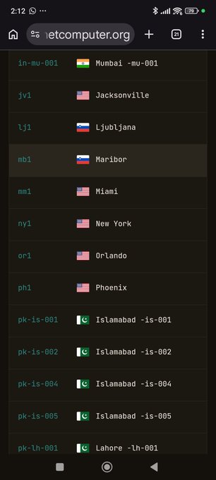 A mobile screenshot of the website 'letcomputer.org' displaying a list of server locations and cities, such as 'Mumbai', 'Jacksonville', 'New York', 'Islamabad', and 'Lahore', with corresponding country flags.