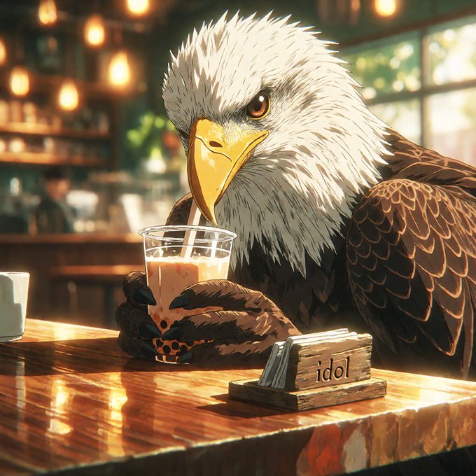 An illustrated anthropomorphic bald eagle with a white head and brown feathers holds a plastic cup of bubble tea at a wooden café table, with a card holder reading 'idol' nearby.