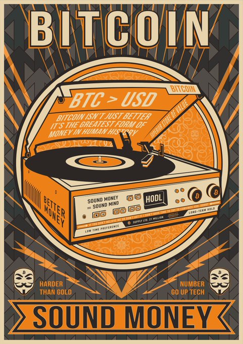 An orange and black retro-style propaganda poster titled 'BITCOIN SOUND MONEY' featuring a record player, with text 'BTC > USD', 'HODL', 'HARDER THAN GOLD' and 'NUMBER GO UP TECH'.
