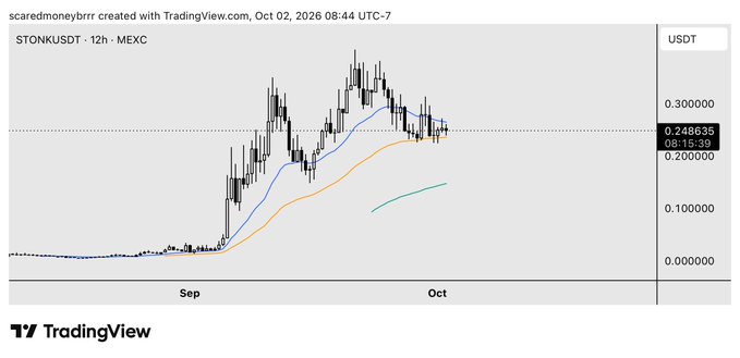 A TradingView chart for STONKUSDT on MEXC showing a 12-hour timeframe with a price of 0.248635 USDT and various moving averages.