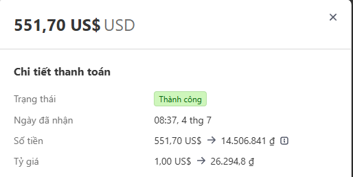 Payment receipt screen showing '551,70 US$USD' with status 'Thành công' (Success), received on 08:37, 4 thg 7, converted to 14,506.841 ₫.