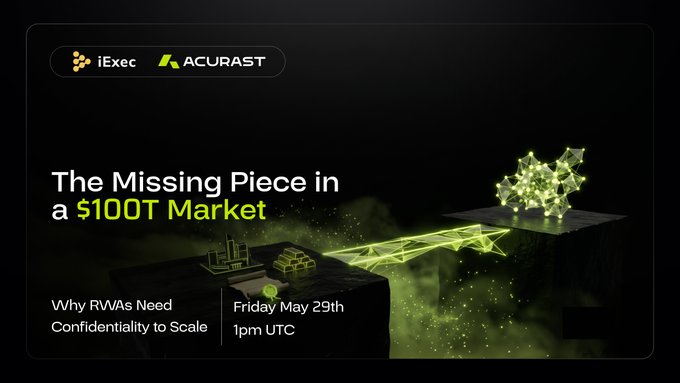 The image shows a dark background with a white text overlay discussing the missing piece of a $100T market that can be accessed using blockchain technology. The post also includes an invitation for an upcoming discussion where users will have access to relevant information about privacy concerns in relation to RWAs and how they can protect their data while participating in the market.
