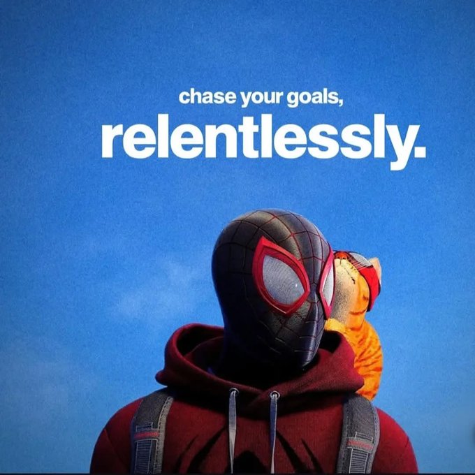A promotional image features a person in a Spider-Man mask with a small orange bird on their shoulder, overlaid with the text 'chase your goals, relentlessly.'