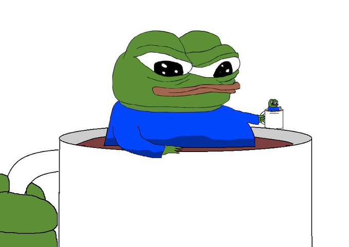 A grumpy green Pepe the Frog sits inside a large mug of coffee, holding a tiny version of himself, perfectly capturing the "gm" (good morning) vibe of reluctant early-risers in the crypto community.