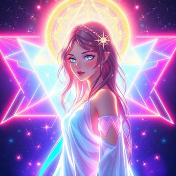 An anime-style digital illustration of a female character with pinkish hair and a star accessory, surrounded by neon geometric shapes and glowing lights.