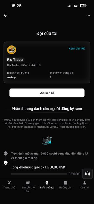 A mobile app screenshot in Vietnamese titled 'Đội của tôi' (My Team), showing a group called 'Riu Trader' led by 'Andrey' with 4 members, and a referral program offering 20 USDT for early joiners with a 30,000 USDT trading volume requirement.