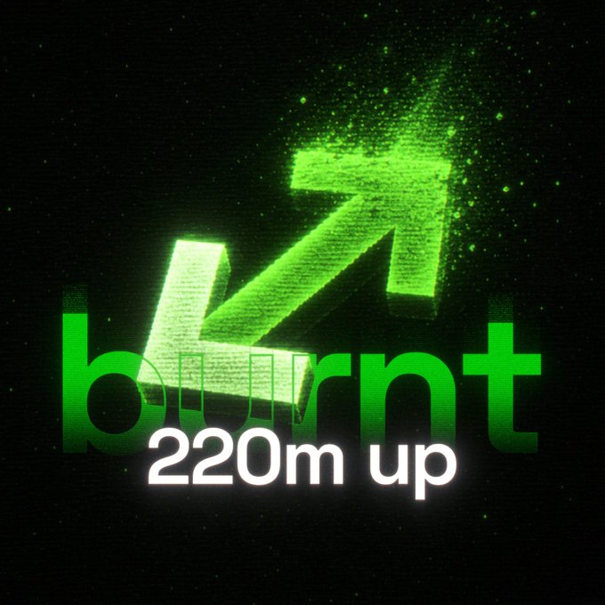 A stylized graphic featuring a green 3D arrow pointing upward with the text 'burnt' and '220m up' displayed below it against a dark background with green particle effects.