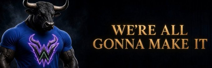 A motivational graphic featuring a muscular bull-headed figure wearing a blue shirt with a glowing purple and green logo, alongside the text 'WE'RE ALL GONNA MAKE IT'.