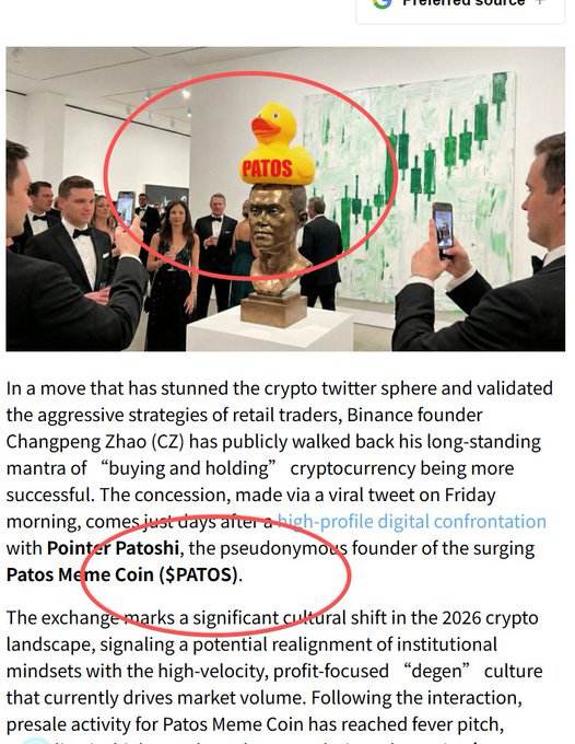A satirical news article about Changpeng Zhao (CZ) walking back his crypto mantra after a confrontation with 'Pointer Patoshi,' featuring an image of a bust topped with a rubber duck labeled 'PATOS'.