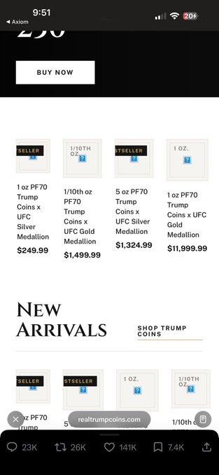 The image shows a screenshot of a website selling "Trump Coins" medallions, with items like "1 oz PF70 Trump Coins x UFC Silver Medallion" priced at $249.99, a "5 oz PF70 Trump Coins x UFC Silver Medallion" at $1,324.99, and a "1 oz PF70 Trump Coins x UFC Gold Medallion" at $11,999.99, alongside a "BUY NOW" button and "New Arrivals" section. The post's critique of a poorly built, hastily created website aligns with the image, which appears to be a low-effort online store capitalized on Trump-themed hype coins rather than a legitimate coin dealer page.