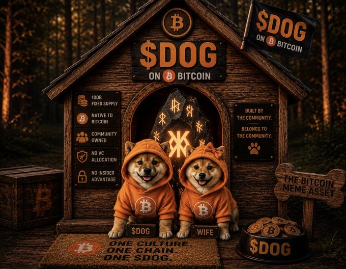 The image features two dogs wearing hoodies, sitting inside a dog house with a sign that says "Sdog On Bitcoin". The dogs are dressed up as if they were Bitcoin miners or something similar. In front of them, there's a bowl filled with dog treats and another bowl containing dog food. A person is also present in the image, standing next to the dog house.
