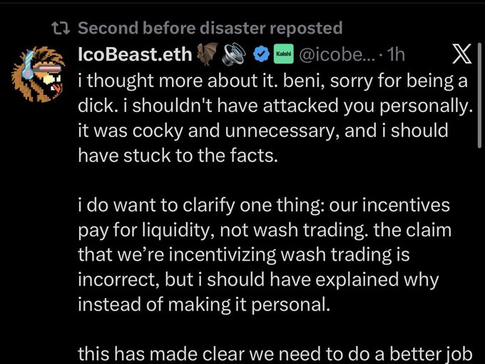 A Twitter/X screenshot from IcoBeast.eth (@icobeast) showing an apology post: 'i thought more about it. beni, sorry for being a dick. i shouldn't have attacked you personally. it was cocky and unnecessary... our incentives pay for liquidity, not wash trading...'