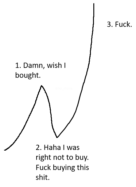 The image shows a humorous line graph depicting the stages of regret after not buying an asset: "1. Damn, wish I bought." at the initial peak, "2. Haha I was right not to buy. Fuck buying this shit." at the dip when prices dropped, and "3. Fuck." as the line skyrockets when the asset's price surges back up. It perfectly captures the universal experience of mistiming an investment, illustrating the frustration of selling (or not buying) right before a major rally.