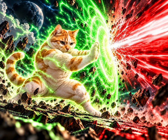 A digital illustration of a buff orange and white tabby cat wielding a glowing green energy shield against an incoming red energy blast, set against a cosmic background with floating debris.