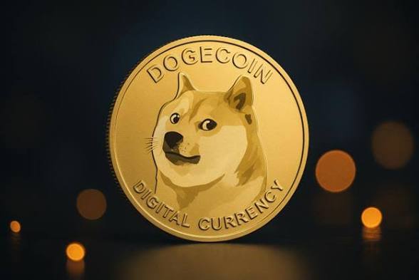 A golden Dogecoin cryptocurrency coin featuring the Shiba Inu dog logo rests on a dark surface with warm bokeh lighting.