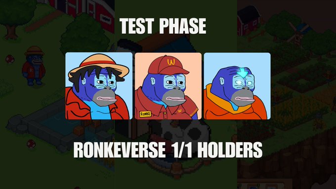 Three blue gorilla avatars wearing McDonald's-style hats are shown above the text 'TEST PHASE' and 'RONKEVERSE 1/1 HOLDERS'.