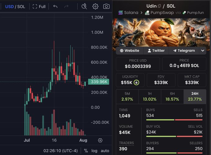A price chart and trading dashboard for the $Udin meme coin on Solana via Pump.fun, showing a current price of $0.0003399 (339.96K) with $55K liquidity and a 23.77% 24-hour gain, aligning with the post's claim of having called the bottom at 280K before the recent bounce.