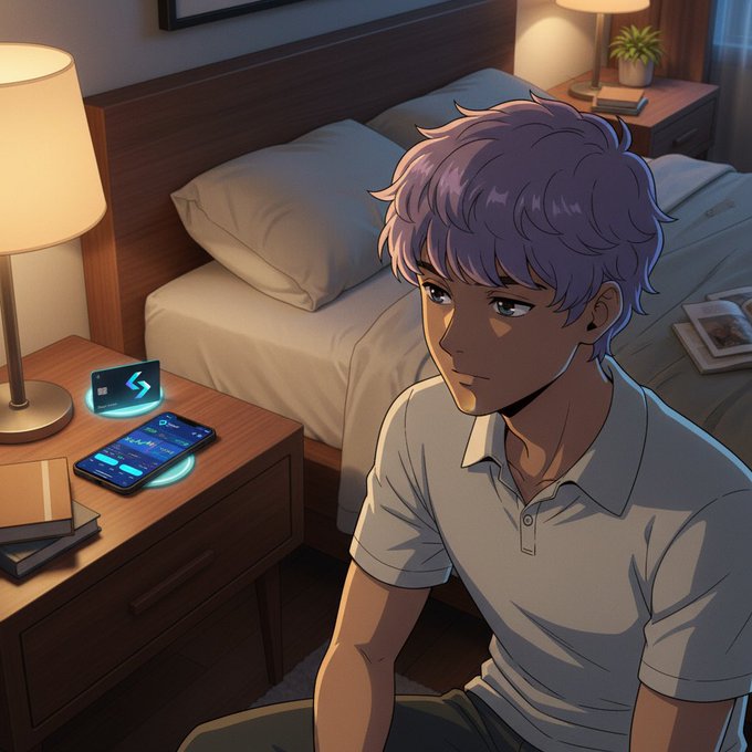 Anime-style illustration of a purple-haired young man in a white polo shirt sitting on a bed next to a nightstand with a glowing cryptocurrency hardware wallet and phone.