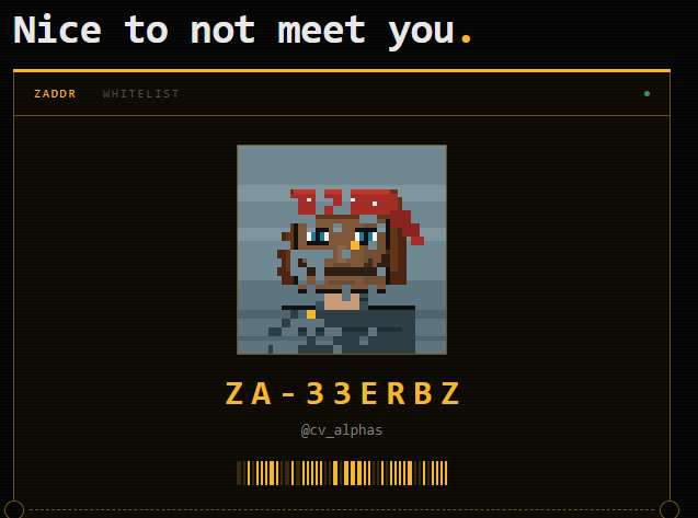 A pixel-art avatar portrait is displayed on a "ZADDR WHITELIST" interface with the text "Nice to not meet you." above, alongside the ticket identifier "ZA-33ERBZ" and the handle "@cv_alphas" with a barcode below, visually presenting the Zcash shielded address whitelist ticket mentioned in the post.