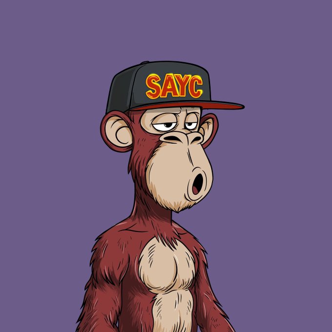 A cartoon illustration of a bored-looking red monkey wearing a black cap with 'SAYC' in yellow and red letters on a solid purple background.