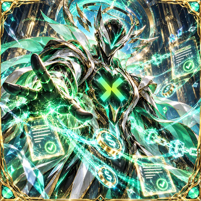 A fantasy illustration of an armored warrior character with green glowing energy effects, a green X emblem on the chest, and floating cards displaying 'S' symbols around them.