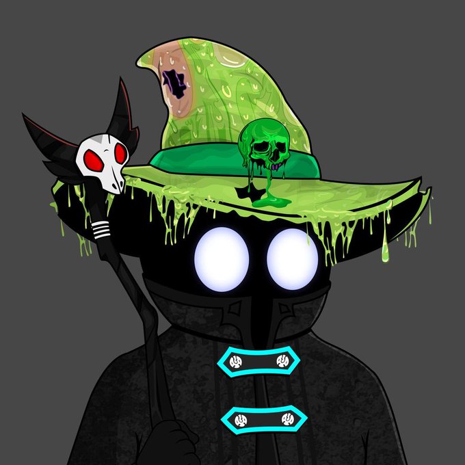 A dark, hooded figure with glowing white eyes wears a dripping green witch hat adorned with a melting skull and a ghastly face, while holding a staff topped with a horned skull—evoking a spooky Halloween aesthetic that ties into the bewitching $ALGO raffle promotion for Wizards of Algo.