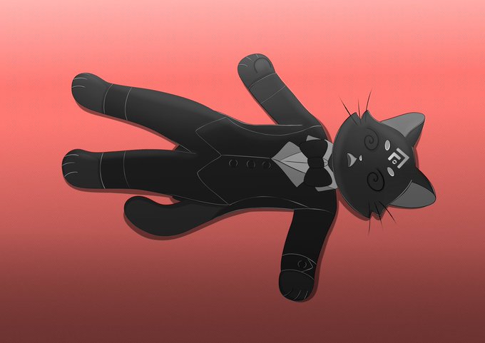 Illustration of a black cat in a tuxedo lying on its back against a pink and red gradient background, with a small FJ logo on its chest.