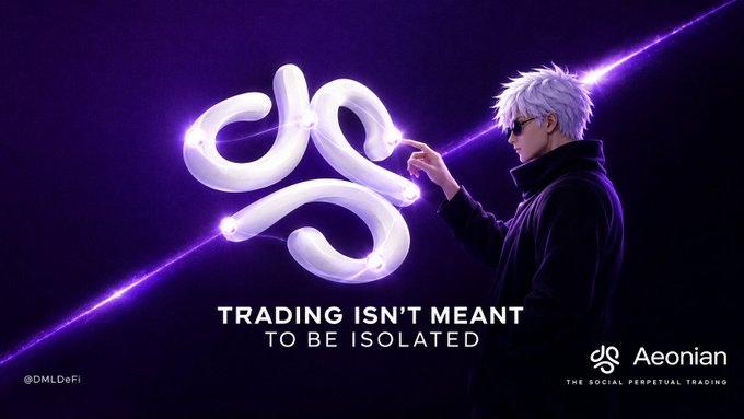 An advertisement featuring an anime character with white hair pointing at a glowing symbol, with the text 'TRADING ISN'T MEANT TO BE ISOLATED', 'Aeonian THE SOCIAL PERPETUAL TRADING', and '@DMLDeFi'.