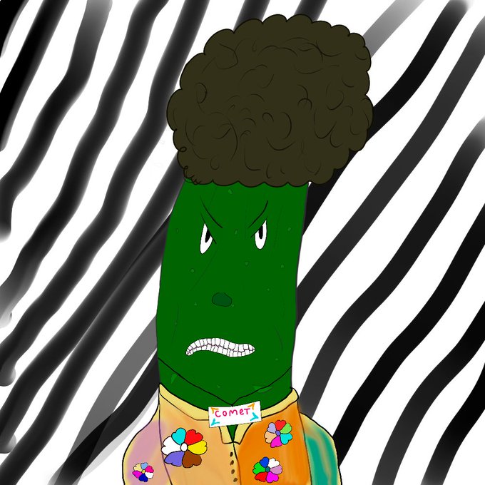 A digital illustration depicts a green, pickle-like character with an afro wearing a floral shirt with a 'COMET' name tag, set against a black and white zebra-striped background.