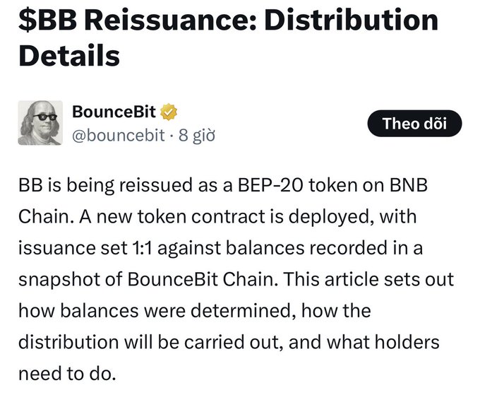 A screenshot of a tweet by BounceBit (@bouncebit) about the '$BB Reissuance' as a BEP-20 token on BNB Chain, detailing how balances and distribution will be handled.