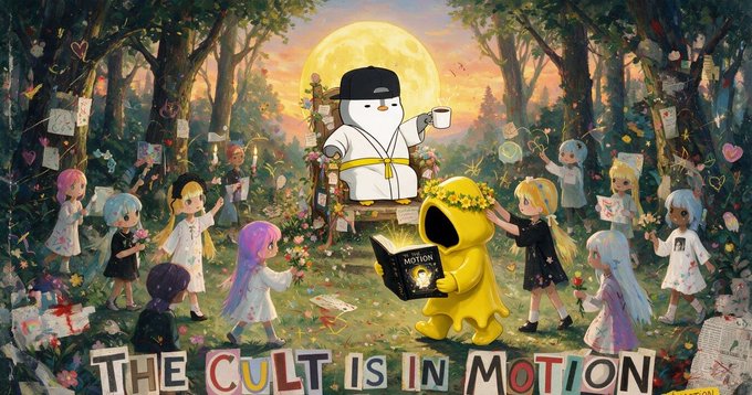 A vibrant digital artwork depicting a cult-like ceremony in a forest setting at sunset, featuring a penguin leader in a robe, a yellow hooded figure reading from a 'MOTION' book, and surrounding followers, with text reading 'THE CULT IS IN MOTION'.