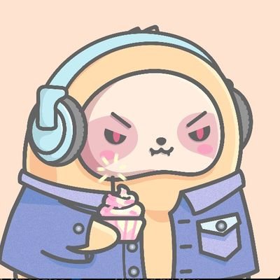 A cute cartoon panda-like character wearing blue headphones and a denim jacket holds a cupcake with a lit candle.