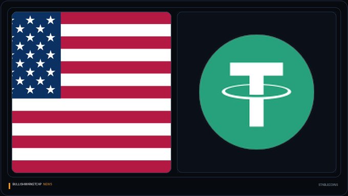 A graphic displaying the United States flag next to the green Tether (USDT) logo on a black background, with 'BULLISHMINTCAP NEWS' at the bottom left and 'STABLECOINS' at the bottom right.