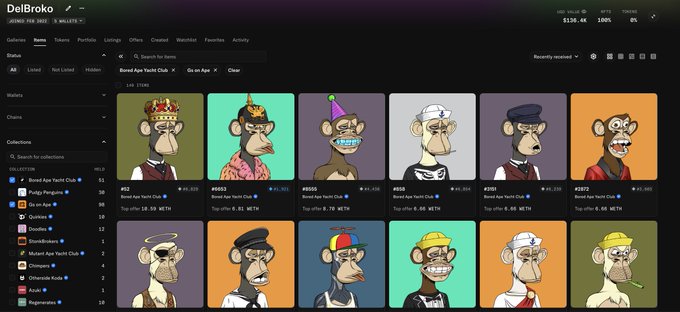 A screenshot of the DelBroko NFT marketplace showing a grid of Bored Ape Yacht Club NFT listings with various prices in ETH.