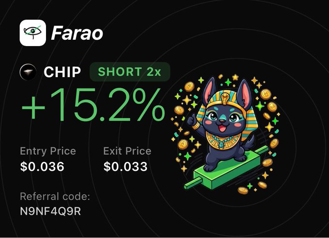The image features a trading platform with an animated cartoon cat that has been featured in a post for @faraotrading, promoting a $2.22% short 2x commission on every trade. A post about entering a Trade is also displayed along with a reference code and a reference tag, encouraging users to explore the trading opportunities offered by @faraotrading.