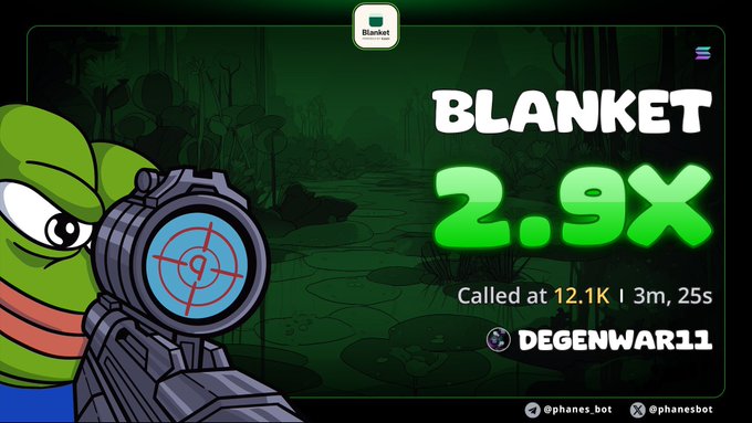 A promotional graphic featuring a cartoon frog character with a sniper rifle scope, advertising a token called 'Blanket' that has reached '2.9X' on the Phanes platform, with the call attributed to 'DEGENWAR11'.
