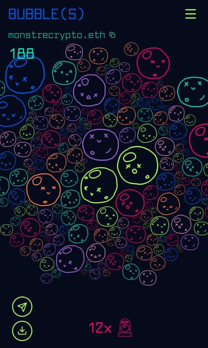 A digital art display titled 'BUBBLE(S)' showing numerous colorful circular bubble faces with various expressions, labeled 'monstrecrypto.eth' with 188 items and a 12x multiplier.