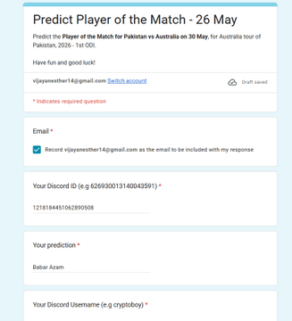 The image depicts a close-up of a screenshot of an online form with lots of text that includes a player's name or email address, which appears to be related to a Cricket match. It also has a link for a predicted Cricket UGC event where players can receive their result. In the post title, there is a word "Your prediction" followed by a description of what seems to be a big win moment that the player has just unlocked on this webpage or app. The post concludes with another phrase about more coming soon and it seems like the player's predictions are being used in the event organization process.