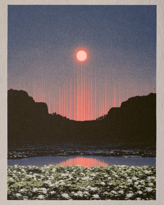 A vintage-style illustration shows a glowing red moon or sun over a dark mountain silhouette, with red light rays streaming down and reflecting in a body of water above a field of white flowers.