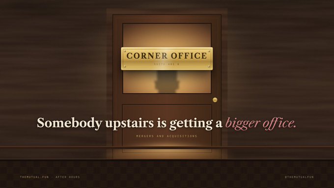 A closed wooden door labeled "CORNER OFFICE SUITE 440 B" sits against a dark wood-paneled wall, with the caption "Somebody upstairs is getting a bigger office" and "MERGERS AND ACQUISITIONS" beneath it, branding the image as "The Mutual Fund: After Hours" NFT project.

The image visually teases the investment theme of The Mutual Fund NFT collection, with the "Corner Office" door symbolizing success and upward mobility—fitting for an NFT project that grants members seats in simulated onchain investment funds.