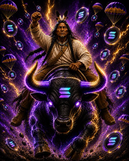 A powerful Native American warrior with a raised fist rides a bull emblazoned with the Solana logo, surrounded by floating parachutes airdropping more Solana tokens amid purple lightning and cosmic energy—symbolizing triumphant community strength and token buybacks/airdrops for $CURB.