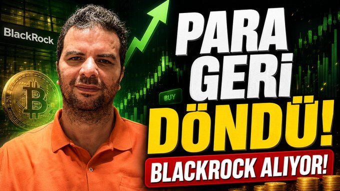 A man in an orange shirt appears beside Bitcoin and gold coins with a stock chart showing an upward green trend, while bold text reads "PARA GERİ DÖNDÜ! BLACKROCK ALIYOR!" (Money is Back! BlackRock is Buying!), promoting a YouTube video about BlackRock's renewed Bitcoin purchases signaling a potential market rise.