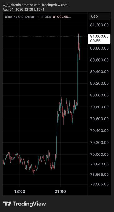 A TradingView candlestick chart of Bitcoin/U.S. Dollar from Aug 24, 2026, showing a sharp price spike to $81,000.65 around the 21:00 mark.