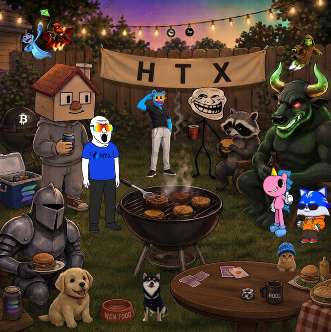 A colorful crypto-themed barbecue scene features various NFT and meme characters (including a Troll, Wojak, Trollface, raccoon, and a green demon) gathered around a grill under an 'HTX' banner.