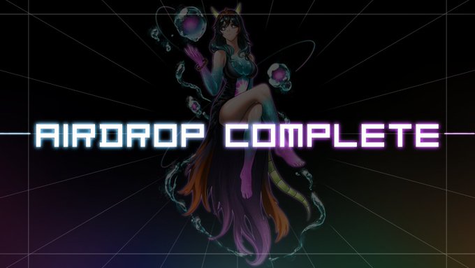 An anime-style graphic with the text 'AIRDROP COMPLETE' displayed over a female character with magical orbs against a dark grid background.