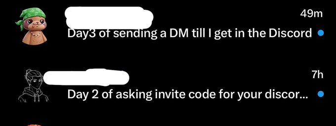 The image shows two tweets in a series: "Day 3 of sending a DM till I get in the Discord" (posted 49 minutes ago) and "Day 2 of asking invite code for your discord…" (posted 7 hours ago), with usernames redacted. The humorous post playfully wonders how long this persistence will continue, hoping the person reaches "day 69" in their ongoing quest to join someone's Discord server.