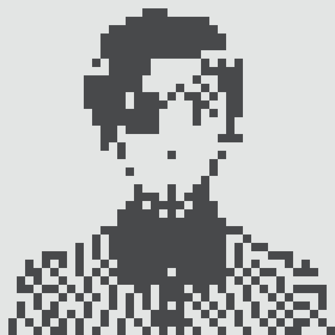 A dark gray pixel art portrait of a young man with slightly messy hair, appearing to look to the side.