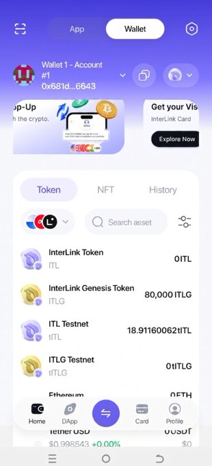 A screenshot of a mobile crypto wallet app showing wallet address '0x681d...6643' with token balances for InterLink Token (ITL), InterLink Genesis Token (ITLG), and testnet tokens.