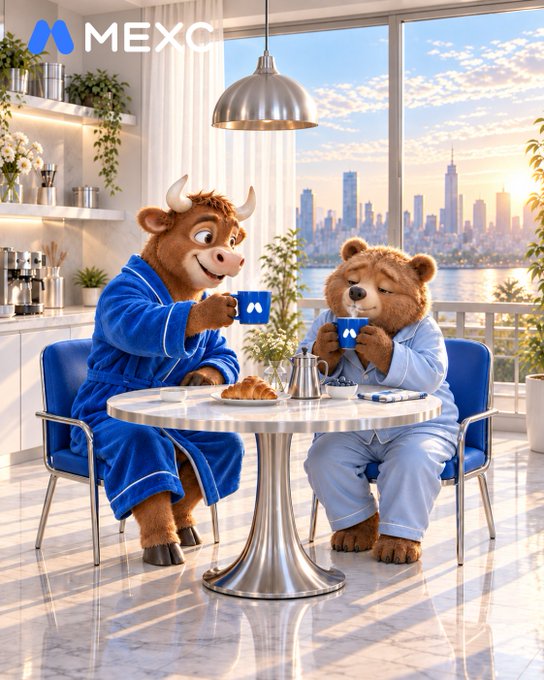 A promotional image with the 'MEXC' logo at the top left, depicting a bull and a bear character wearing robes, sitting at a table drinking coffee with a city skyline in the background.