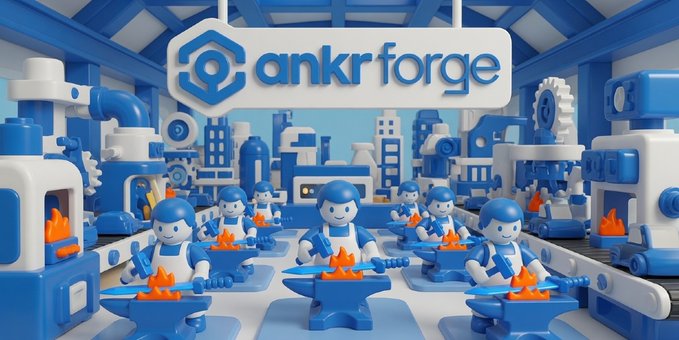 The image showcases a stylized factory scene featuring blue robotic workers operating an assembly line beneath a prominent "ankr forge" logo, with orange flames on anvil-like workstations. This visual metaphor aligns with the post's discussion of Ankr Forge as a revenue-powered rewards platform, depicting the "forging" process as a symbol of how validator infrastructure translates business success into token value.